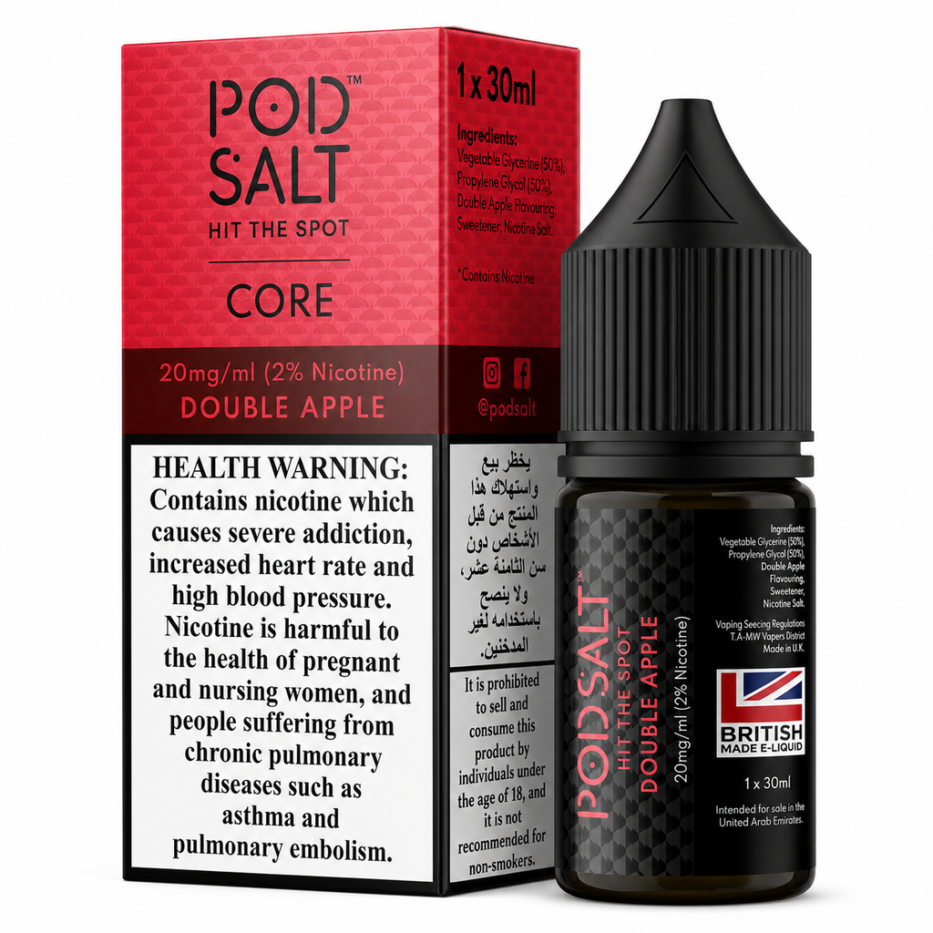 A bottle of POD SALT Hit The Spot Double Apple e-liquid next to its red and white retail box, featuring a prominent health warning label and a British Brand & Quality logo.