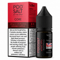 A bottle of POD SALT Hit The Spot Double Apple e-liquid next to its red and white retail box, featuring a prominent health warning label and a British Brand & Quality logo.