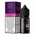 A bottle of POD SALT Grape e-liquid next to its retail box packaging. The packaging features a purple and pink design with a prominent health warning label on the front, and the bottle has a black ribbed cap and a dark label with a British Made flag.
