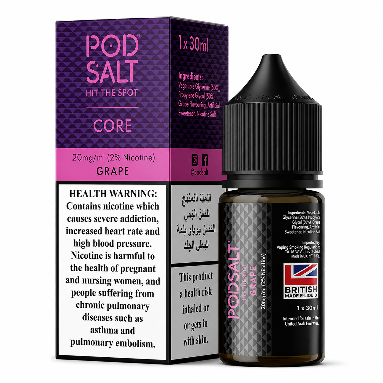 A bottle of POD SALT Grape e-liquid next to its retail box packaging. The packaging features a purple and pink design with a prominent health warning label on the front, and the bottle has a black ribbed cap and a dark label with a British Made flag.