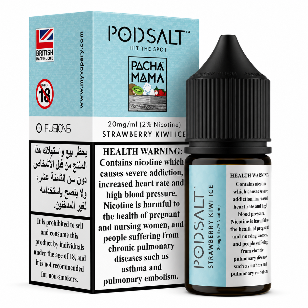 PODSALT Strawberry Kiwi Ice e-liquid bottle and its retail box, featuring a light blue and white color scheme with prominent health warnings and branding.