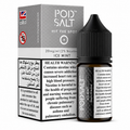 A bottle of POD SALT Ice Mint nicotine e-liquid next to its retail packaging box, featuring prominent health warnings and a black dropper cap.