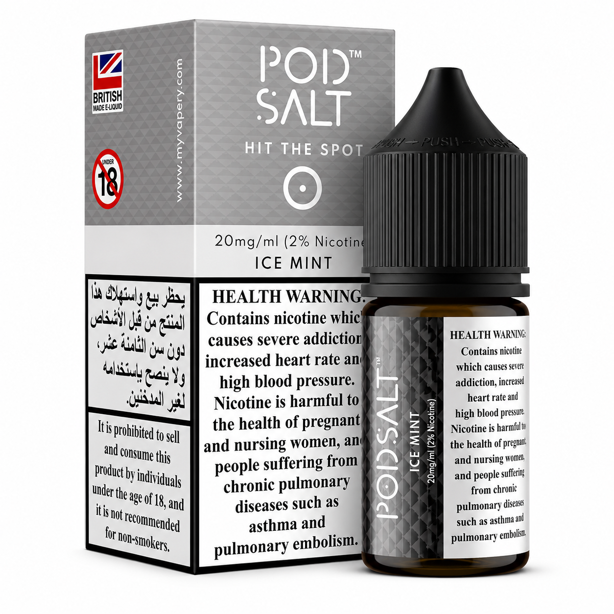A bottle of POD SALT Ice Mint nicotine e-liquid next to its retail packaging box, featuring prominent health warnings and a black dropper cap.