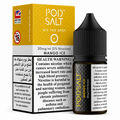 A bottle of Pod Salt e-liquid next to its yellow and white packaging box, labeled 'Hit The Spot' and 'Mango Ice' with 20mg/ml nicotine strength and health warnings.