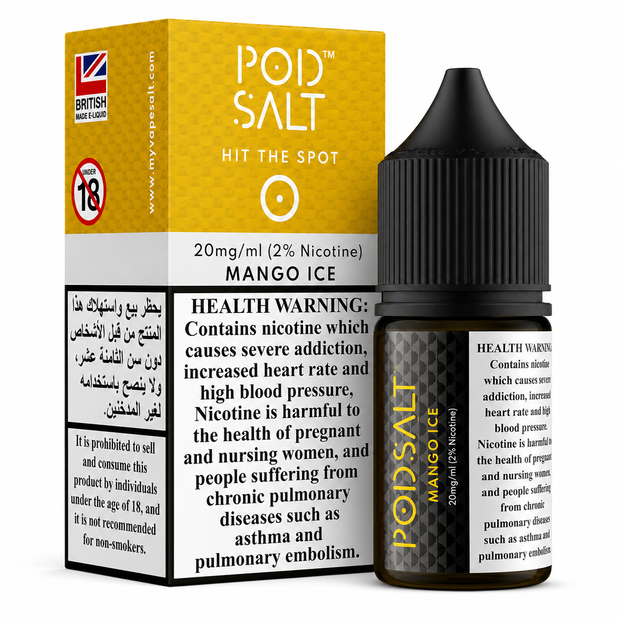 A bottle of Pod Salt e-liquid next to its yellow and white packaging box, labeled 'Hit The Spot' and 'Mango Ice' with 20mg/ml nicotine strength and health warnings.