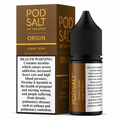 Poids Salt 'Origin' Cuban Crème nicotine e-liquid bottle and its packaging box, featuring a brown design with gold lettering and a prominent white health warning label.