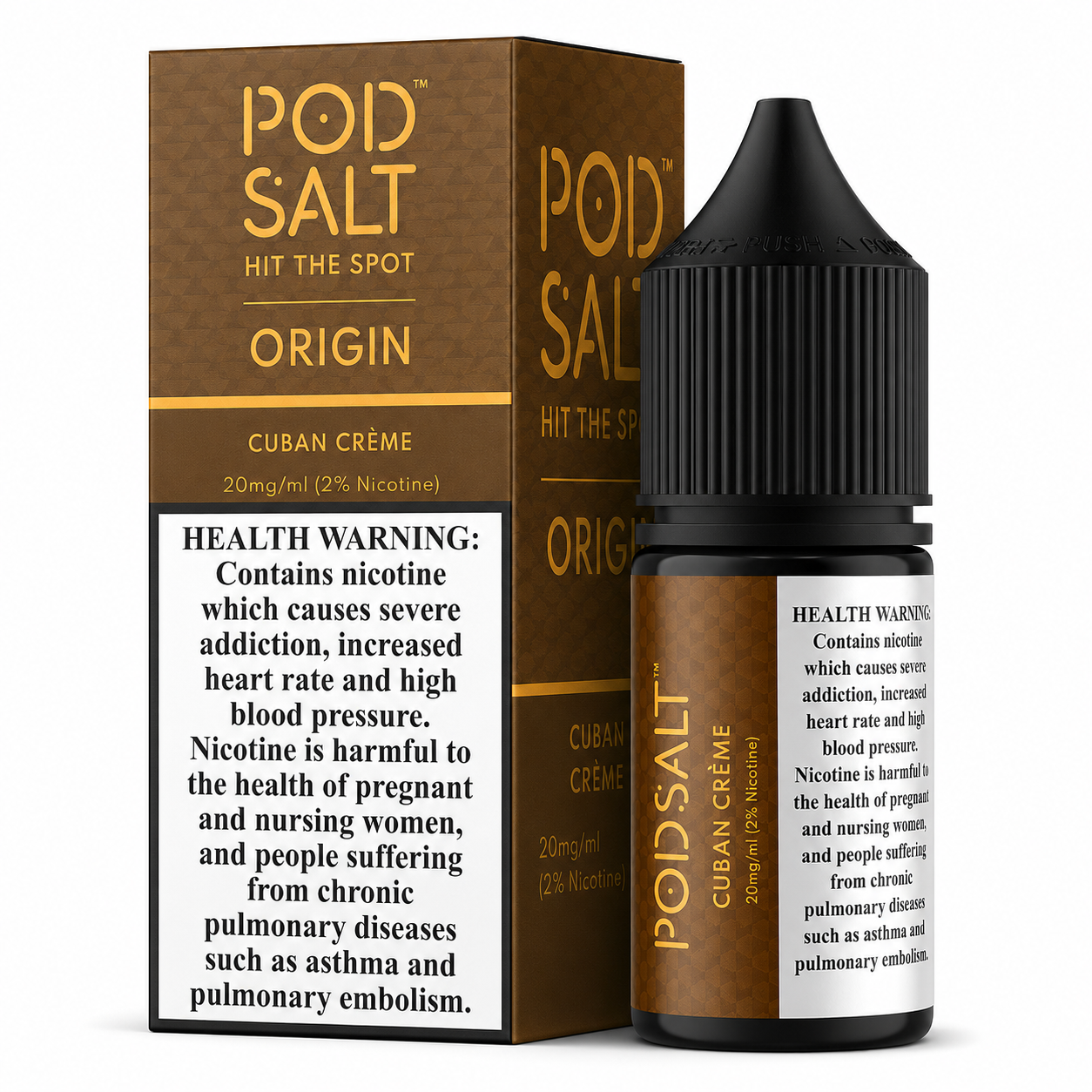 Poids Salt 'Origin' Cuban Crème nicotine e-liquid bottle and its packaging box, featuring a brown design with gold lettering and a prominent white health warning label.