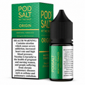 Pod Salt Origin Menthol Tobacco e-liquid bottle and its green packaging box, featuring a prominent health warning label on the front.