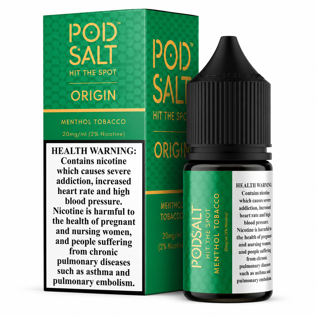 Pod Salt Origin Menthol Tobacco e-liquid bottle and its green packaging box, featuring a prominent health warning label on the front.