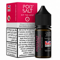 A bottle of POD SALT Watermelon Breeze e-liquid next to its retail box, featuring a bright pink and white design with health warnings and a British flag logo.