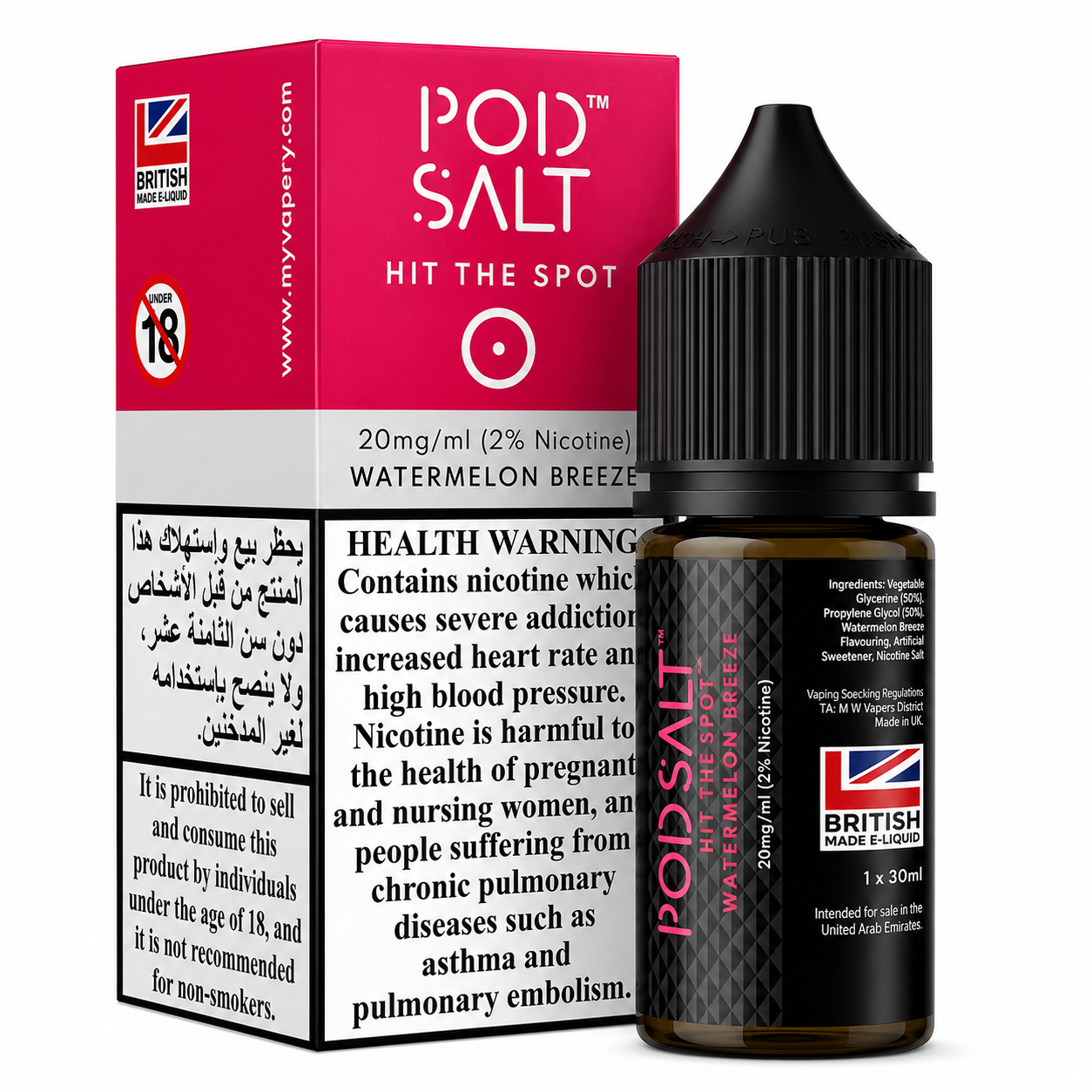 A bottle of POD SALT Watermelon Breeze e-liquid next to its retail box, featuring a bright pink and white design with health warnings and a British flag logo.