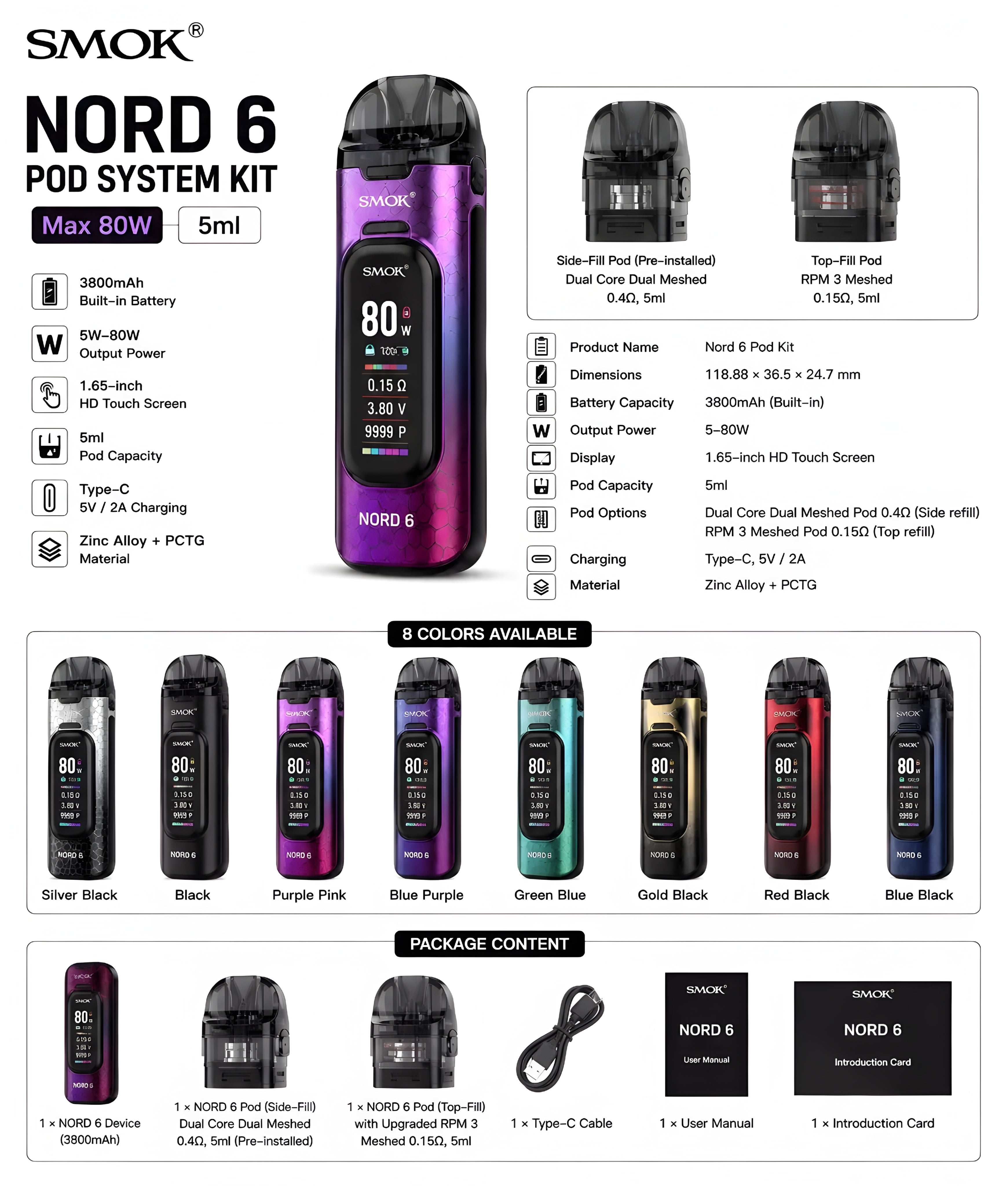 A product information sheet for the SMOK NORD 6 POD SYSTEM KIT, featuring the purple and black NORD 6 pod device, technical specifications, available color options, and package contents on a white background.
