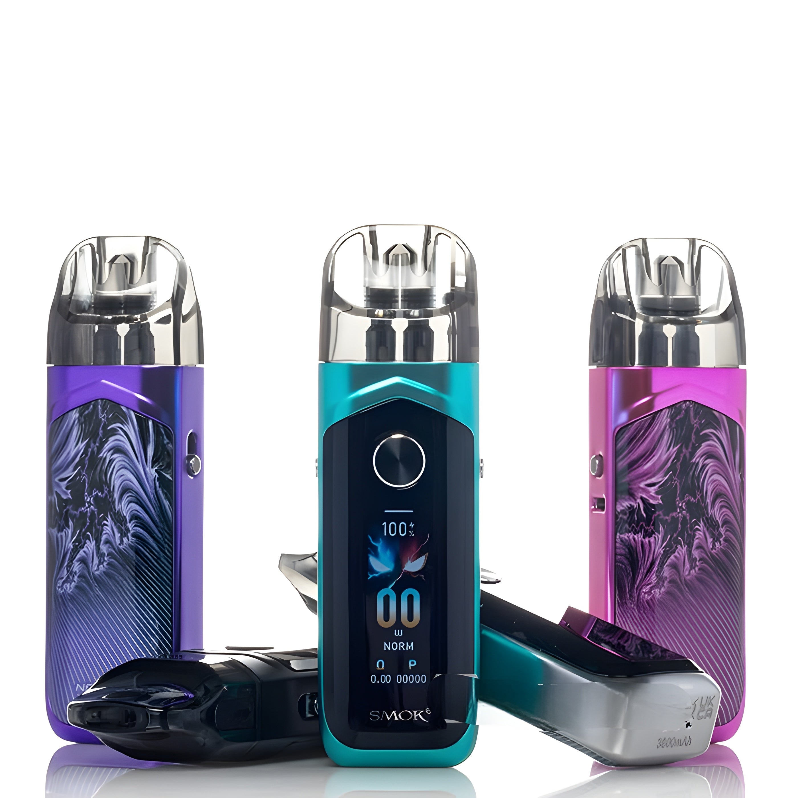 Three SMOK vape devices with decorative purple and pink marbled patterns, shown in purple, teal, and pink colorways, alongside a black mouthpiece and a teal-and-silver device on a white background.