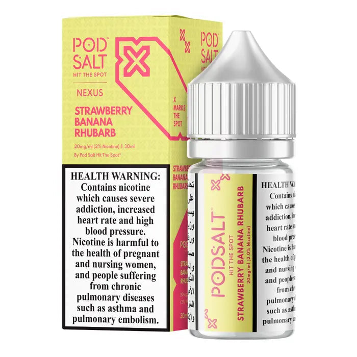 Strawberry Banana Rhubarb Pod Salt Nexus 30ML Nic Salt Vape Juice India – Fruity and creamy blend available in 20MG, 25MG & 50MG at VapeMashIndia