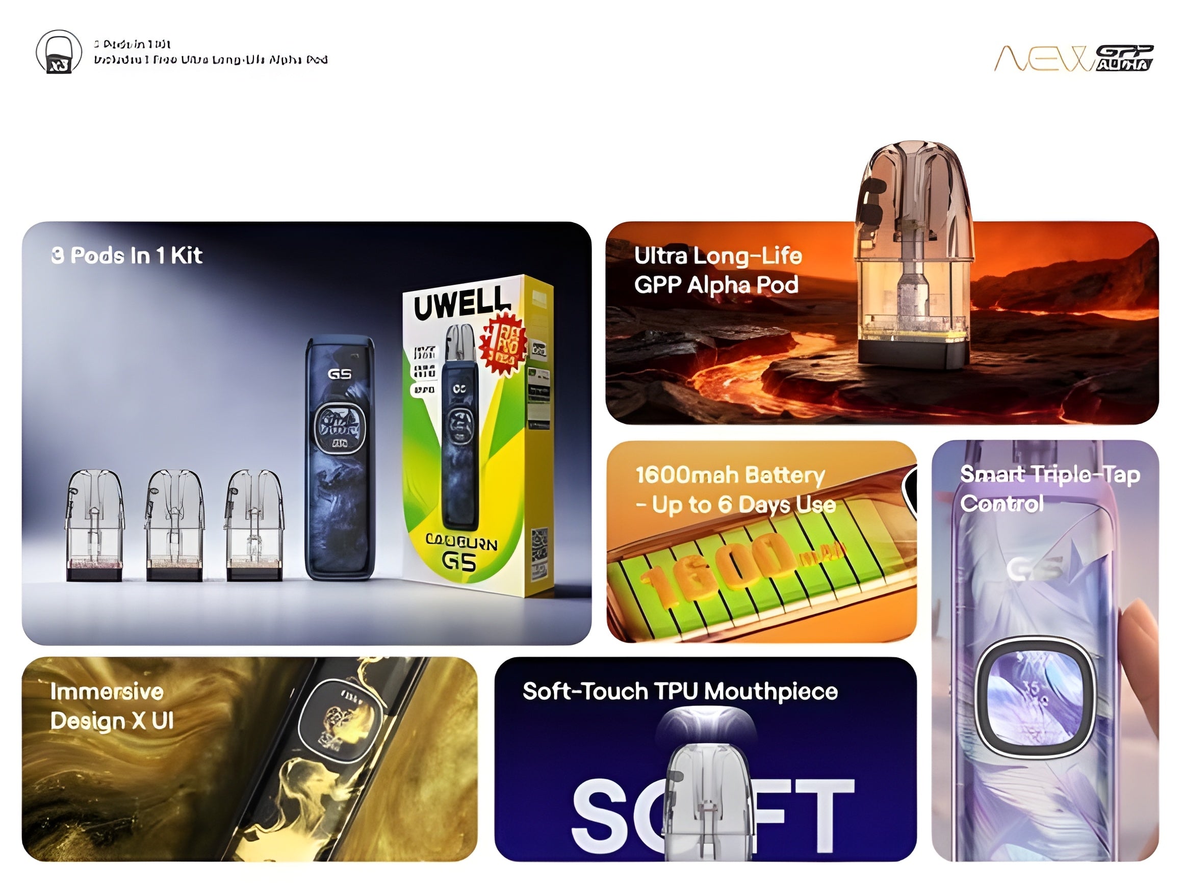 A promotional collage for a vape pod kit showing multiple product views, text callouts, and feature highlights on a white background. Visible text includes '3 Pods In 1 Kit,' 'Uwell GPP Alpha Pod,' 'Ultra Long-Life GPP Alpha Pod,' '1600mAh Battery - Up to 6 Days Use,' 'Smart Triple-Tap Control,' 'Immersive Design X UI,' 'Soft-Touch TPU Mouthpiece,' and 'Uwell GPP.