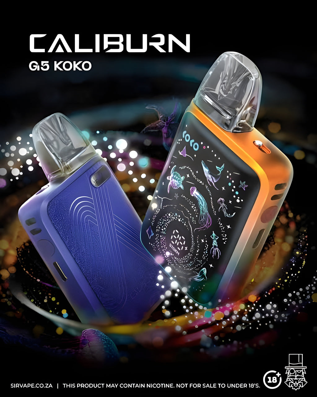 Two Caliburn G5 Koko disposable vape devices shown at an angle against a dark, glittery background. One device is purple with a clear mouthpiece, and the other is orange with a clear mouthpiece.