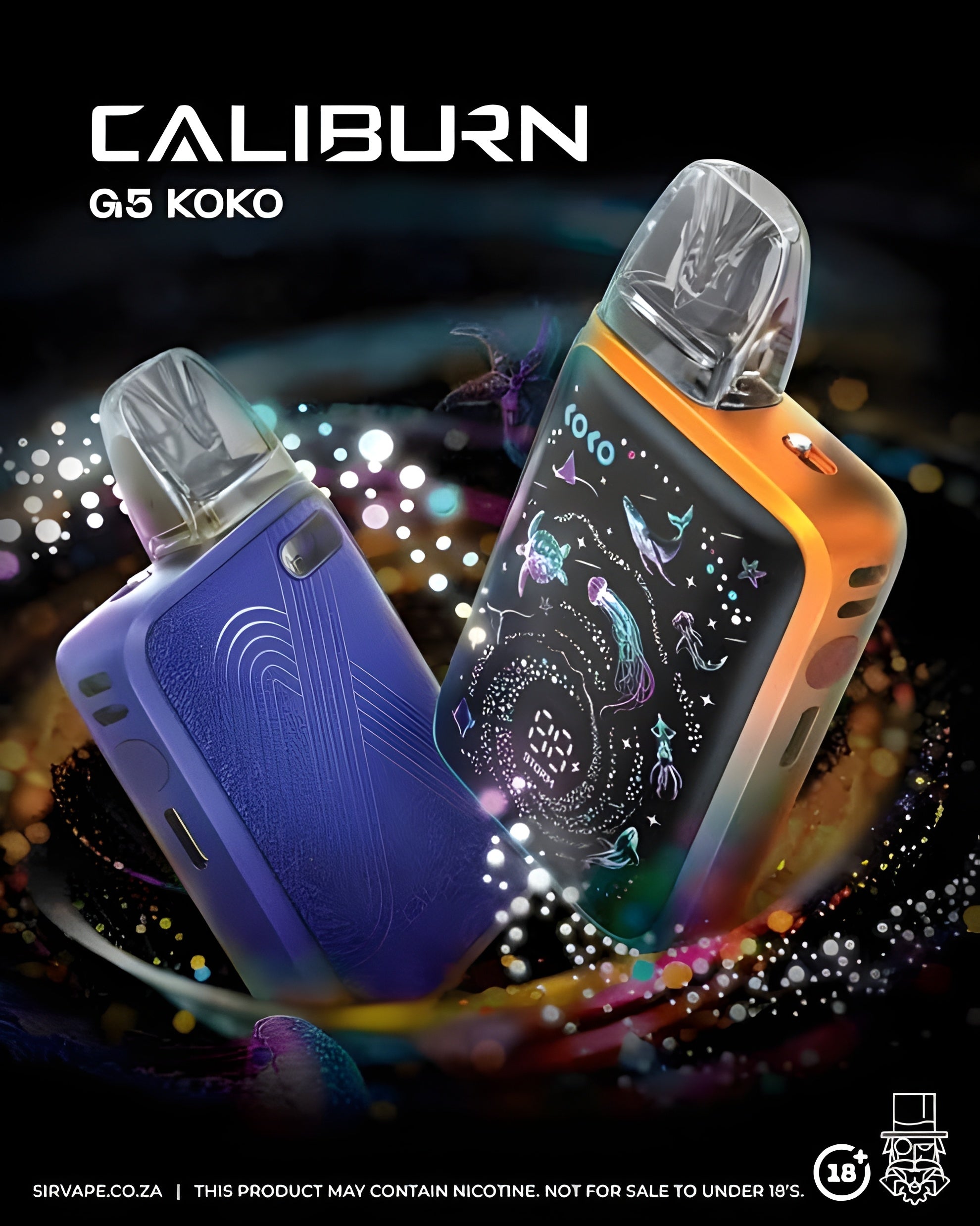 Two Caliburn G5 Koko disposable vape devices shown at an angle against a dark, glittery background. One device is purple with a clear mouthpiece, and the other is orange with a clear mouthpiece.