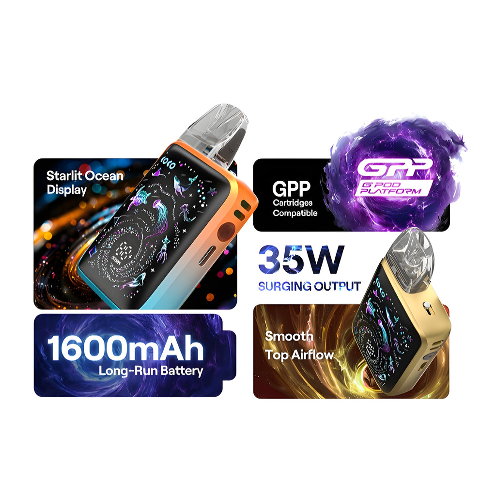 A vape device shown in a composite promotional layout with feature callouts. The device has a transparent mouthpiece, a colorful screen, and metallic body sections in orange, blue, black, and gold.