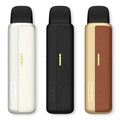 Three vape devices in white, black, and gold on a white background