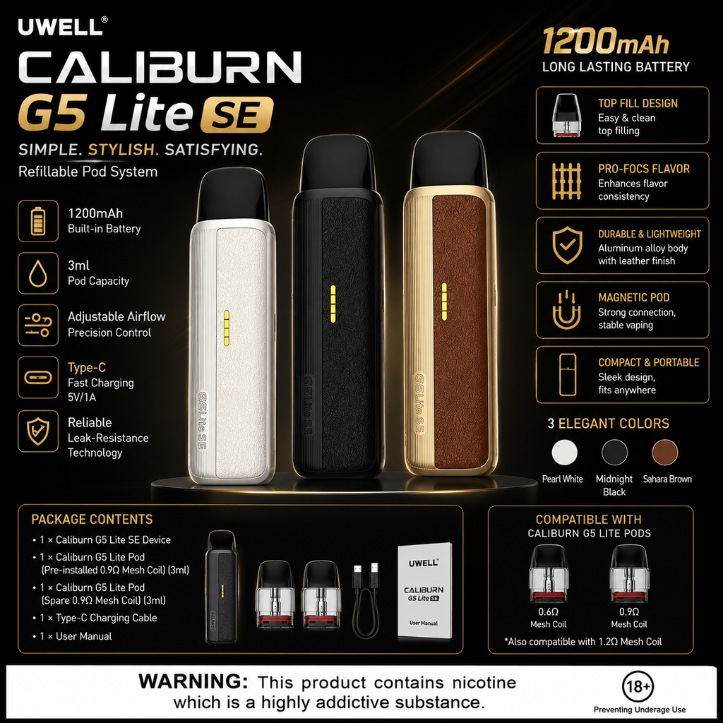 A promotional infographic for the Uwell Caliburn G5 Lite SE disposable pod system, showing three device colorways (pearl white, midnight black, and saffron brown) along with feature callouts, package contents, and compatibility details on a black background.