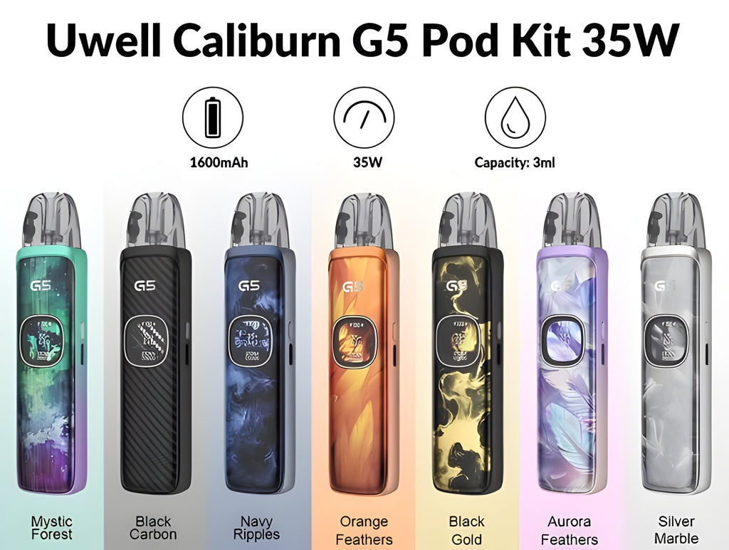Uwell Caliburn G5 Pod Kit 35W vape pod kit display showing eight different color options: Mystic Forest, Black Carbon, Navy Ripples, Orange Feathers, Black Gold, Aurora Feathers, and Silver Marble. Each pod is shown vertically with its name labeled underneath, set against a clean white background with feature icons above.