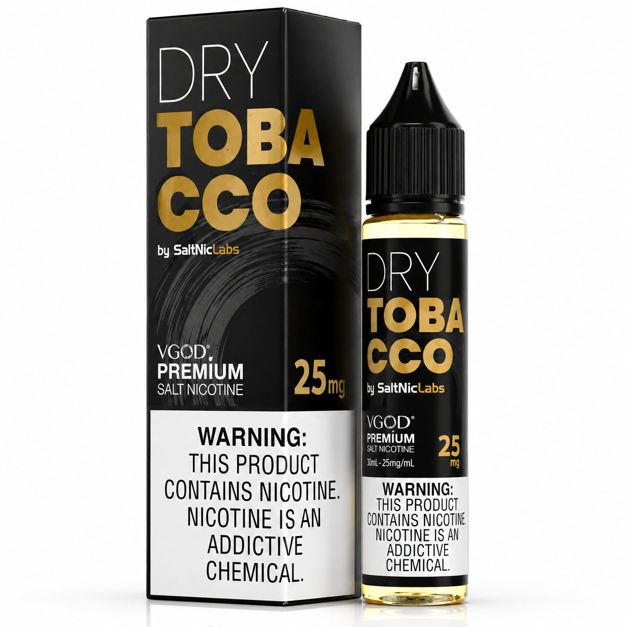 A bottle of VGOD Premium Salt Nicotine e-liquid by SaltNic Labs next to its black and gold retail box. The product features a black cap, a black label with gold lettering, and a white warning label at the bottom.