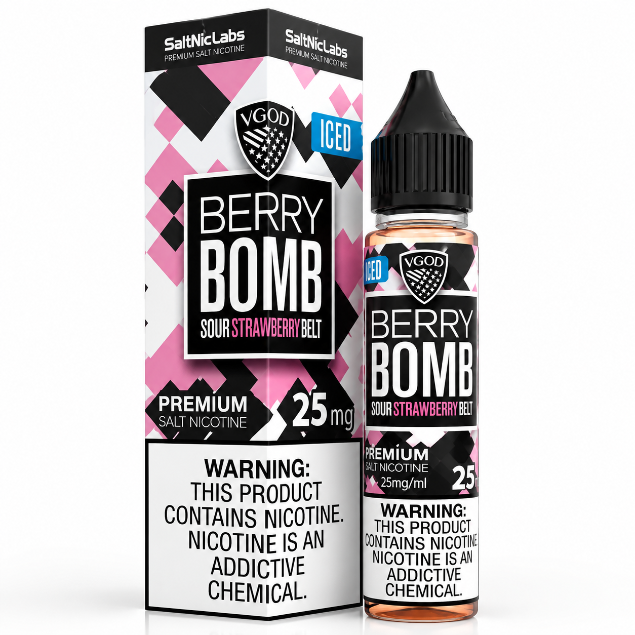 A bottle of VGOD Berry Bomb Sour Strawberry Belt e-liquid next to its retail box. The packaging features a black, white, and pink geometric pattern with a prominent warning label at the bottom.