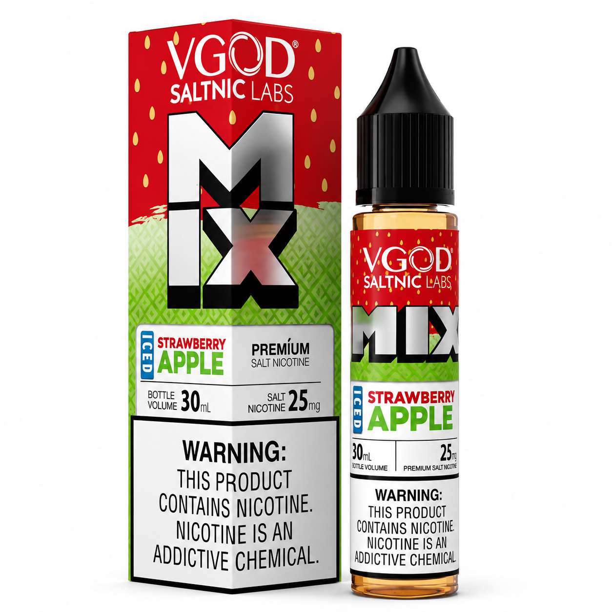 VGOD Saltnic Labs MIX Strawberry Apple premium salt nicotine e-liquid bottle next to its retail packaging box, featuring a red and green label design with a prominent white warning label at the bottom.