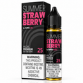A bottle of VGOD Premium Salt Nicotine e-liquid in 'Summer Strawberry' flavor, shown next to its black and pink packaging box on a white background.