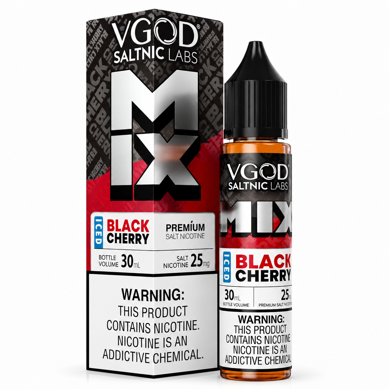 VGOD Saltnic Labs Black Cherry Premium Salt Nicotine e-liquid bottle next to its retail packaging box, featuring a black, white, and red design with a prominent metallic 'M' logo.