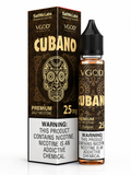 VGOD Cubano Premium Salt Nicotine e-liquid bottle and packaging box, 25 mg, featuring a dark brown and gold sugar skull design with a prominent white warning label on the front.