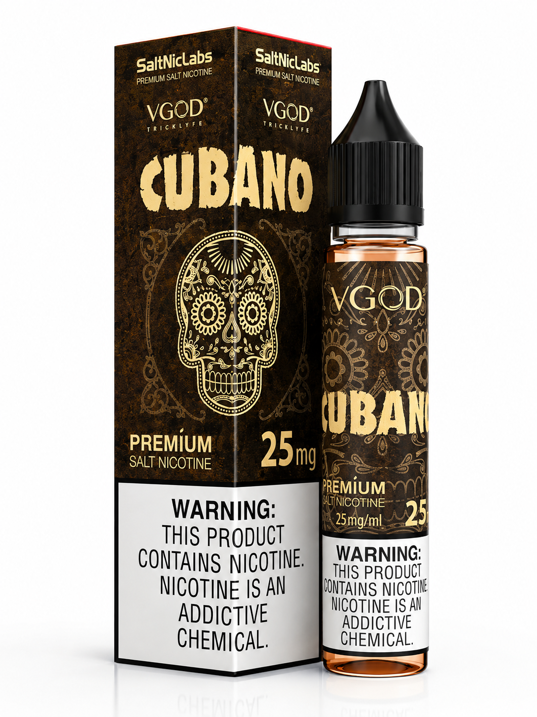 VGOD Cubano Premium Salt Nicotine e-liquid bottle and packaging box, 25 mg, featuring a dark brown and gold sugar skull design with a prominent white warning label on the front.