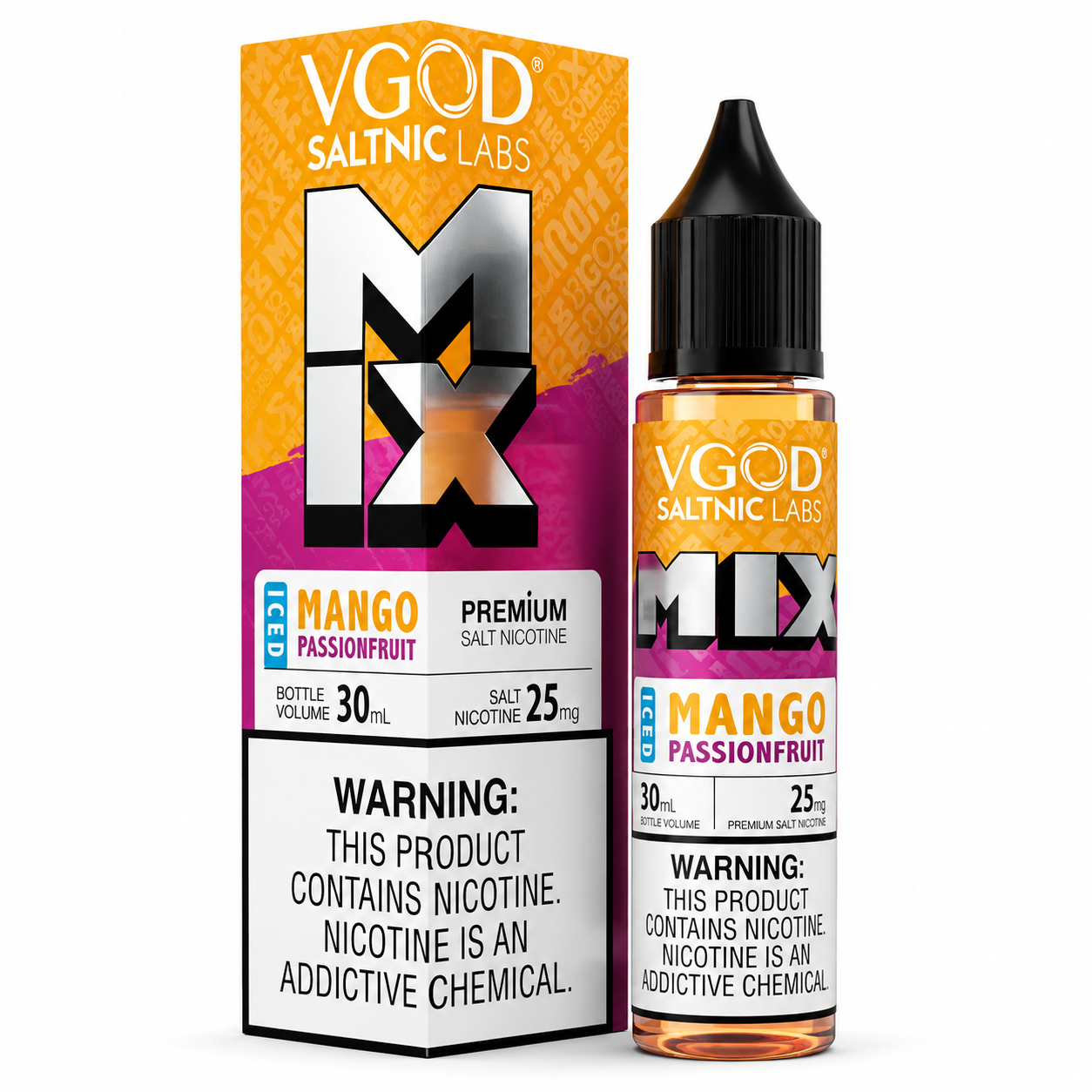 VGOD Saltnic Labs MIX Mango Passionfruit e-liquid 30ml bottle next to its retail packaging box, featuring a vibrant orange, yellow, and purple design with a prominent white warning label.
