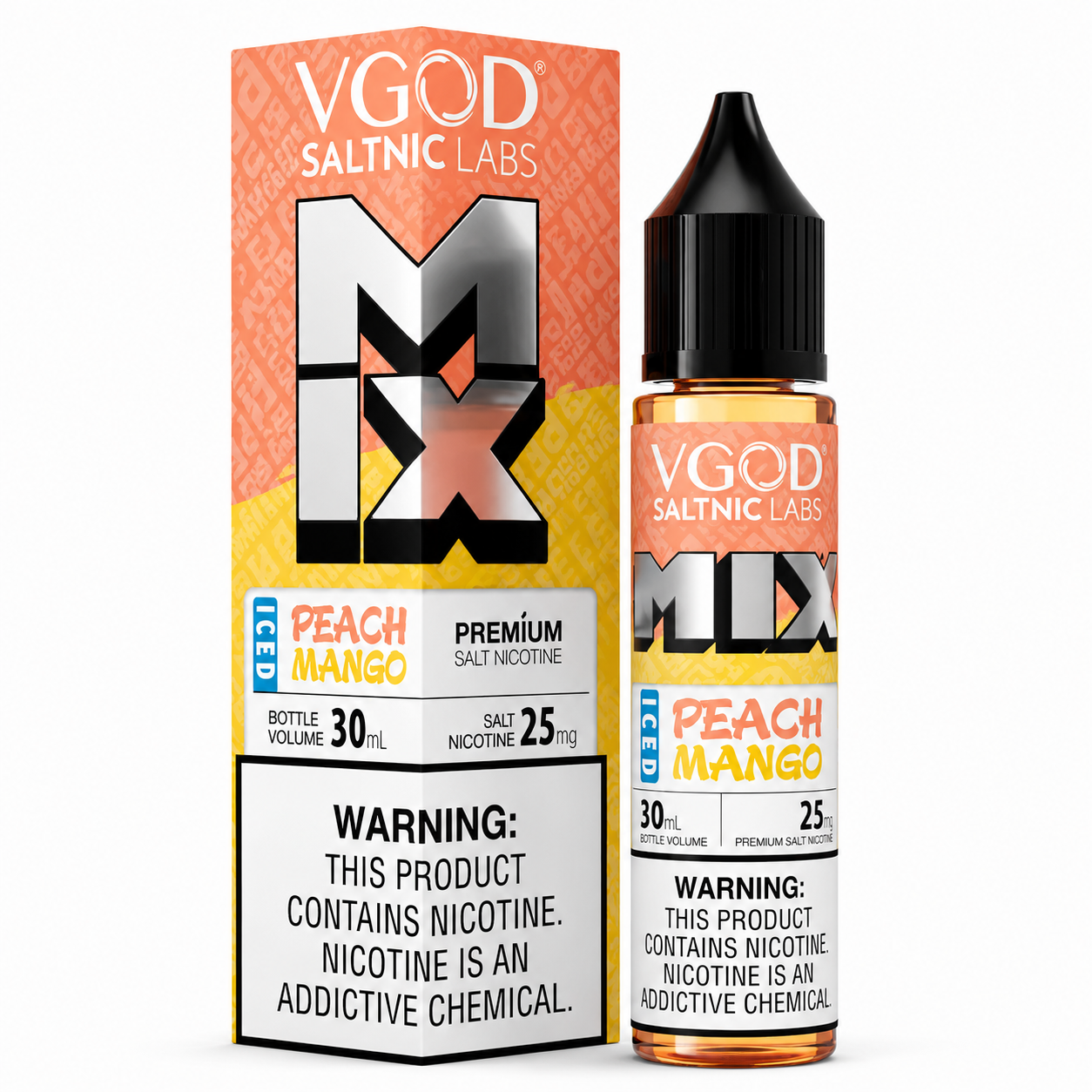 VGOD Saltnic Labs Mix Peach Mango premium salt nicotine e-liquid bottle and its retail packaging box, featuring a peach and yellow design with a prominent warning label.