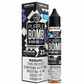 VGod Purple Bomb Grape flavor premium salt nicotine e-liquid 25ml bottle next to its retail packaging box. The packaging features a black, white, and purple geometric pattern with a prominent white warning label at the bottom.