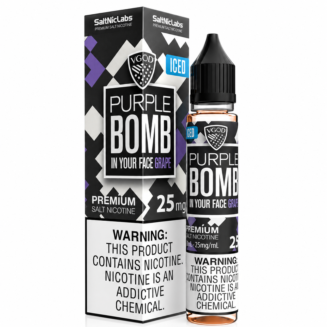 VGod Purple Bomb Grape flavor premium salt nicotine e-liquid 25ml bottle next to its retail packaging box. The packaging features a black, white, and purple geometric pattern with a prominent white warning label at the bottom.