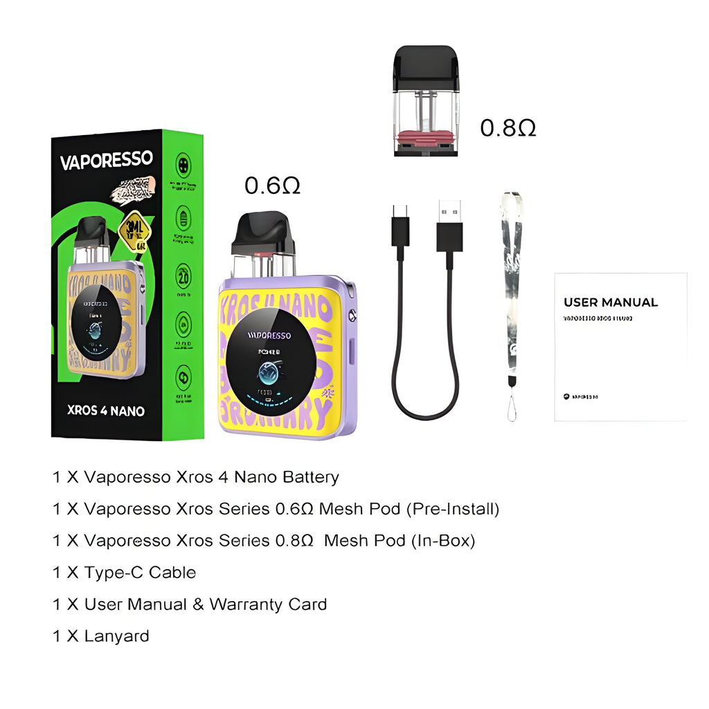Vaporesso Xros 4 Nano vaping device package with components on a white background