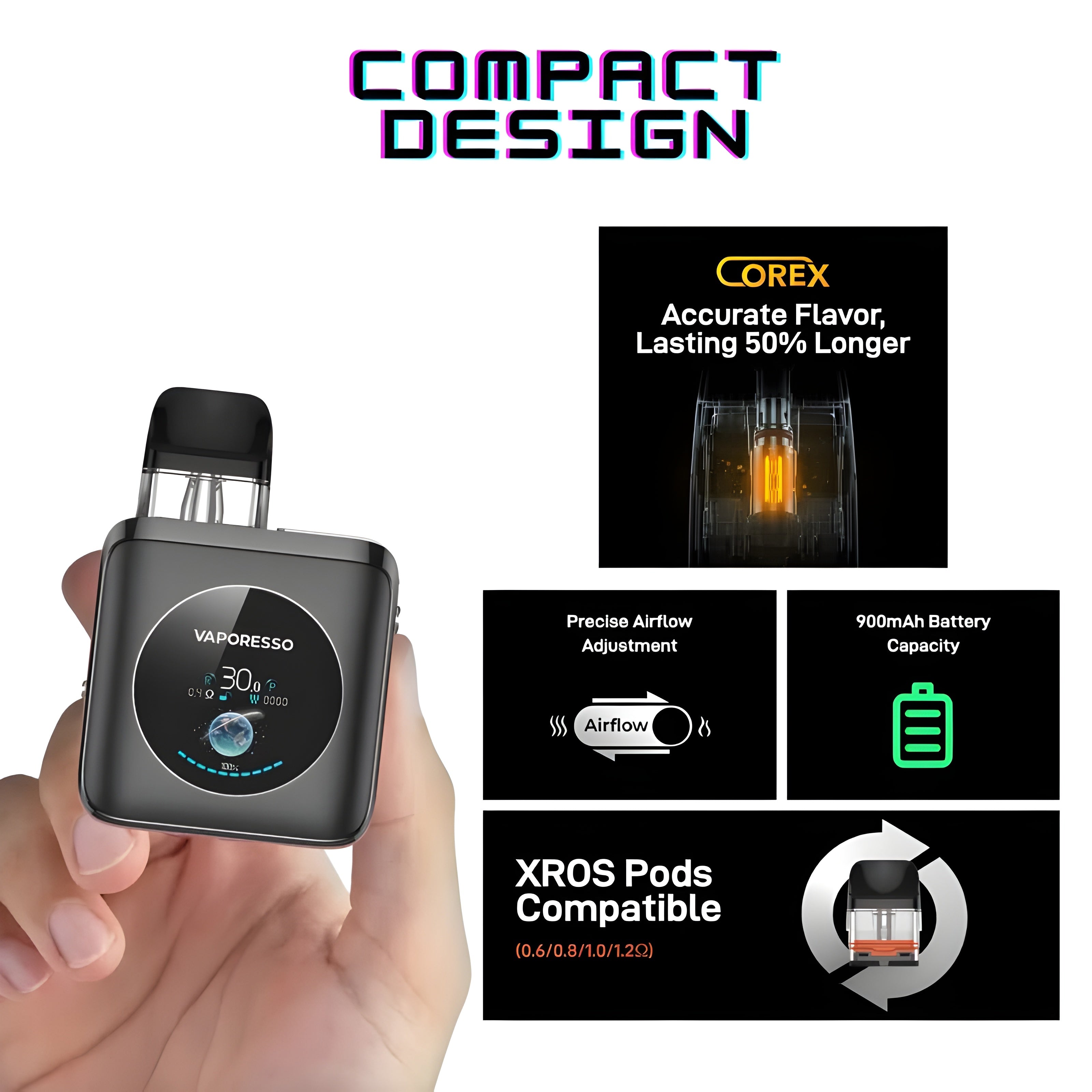 Vaporesso vaping device held in hand with product features highlighted on a white background