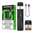 Vaporesso Xros 5 Mini vape device in black, shown with its green and black retail box, a black USB charging cable, and a replacement coil cartridge with an orange accent, all on a white background.