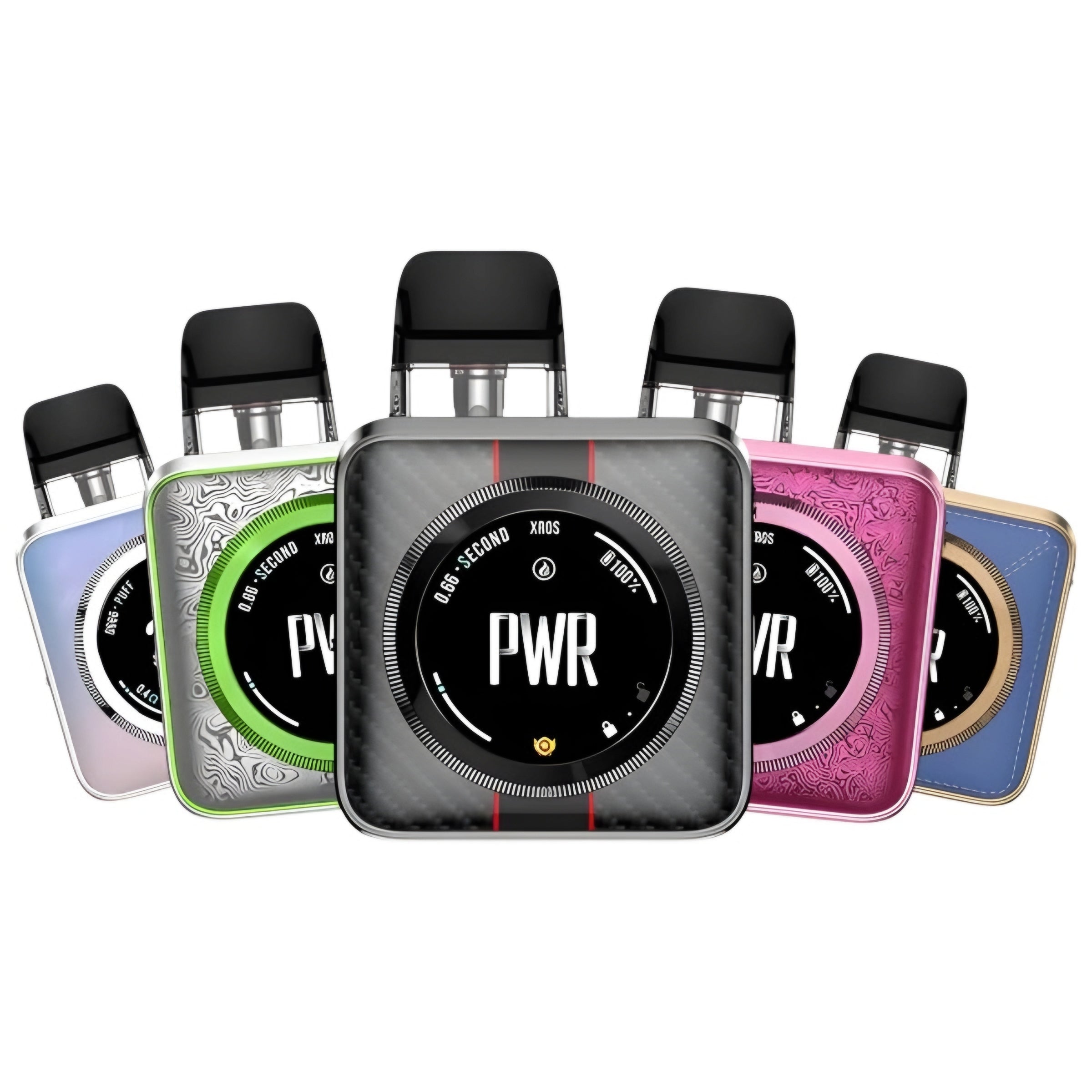Five vape devices arranged in a fan shape on a white background, with the center device in black and the others in silver, green, pink, and blue. Each device features a circular dial display with 'PWR' written on it.