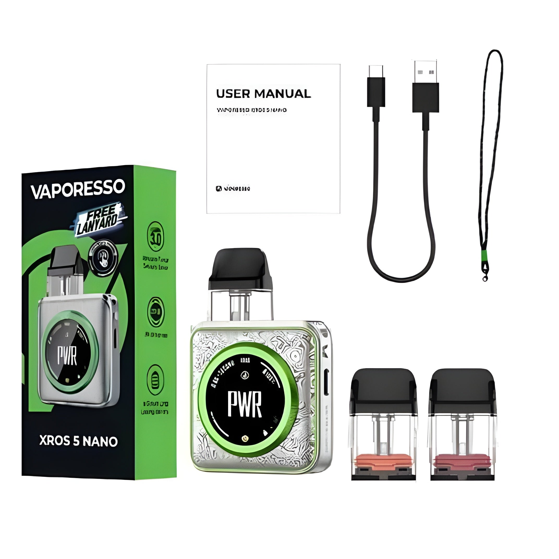 Vaporesso XROS Nano vape kit with a silver and green device, retail box, user manual, USB charging cable, and two small disposable pods on a white background.