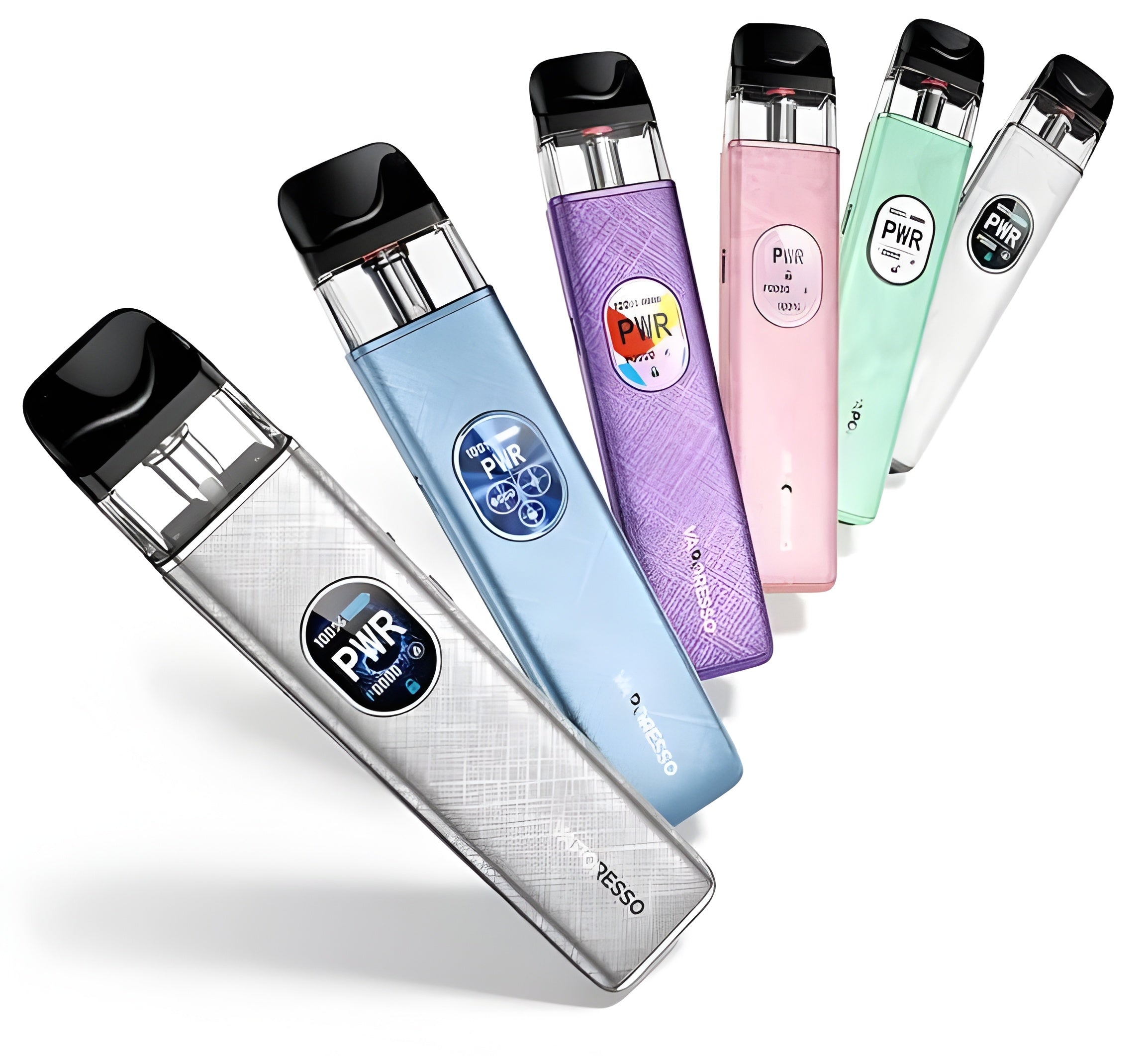 Five Tesso PWR disposable vape devices in different colors (silver, light blue, purple, pink, and mint green) arranged diagonally on a white background.