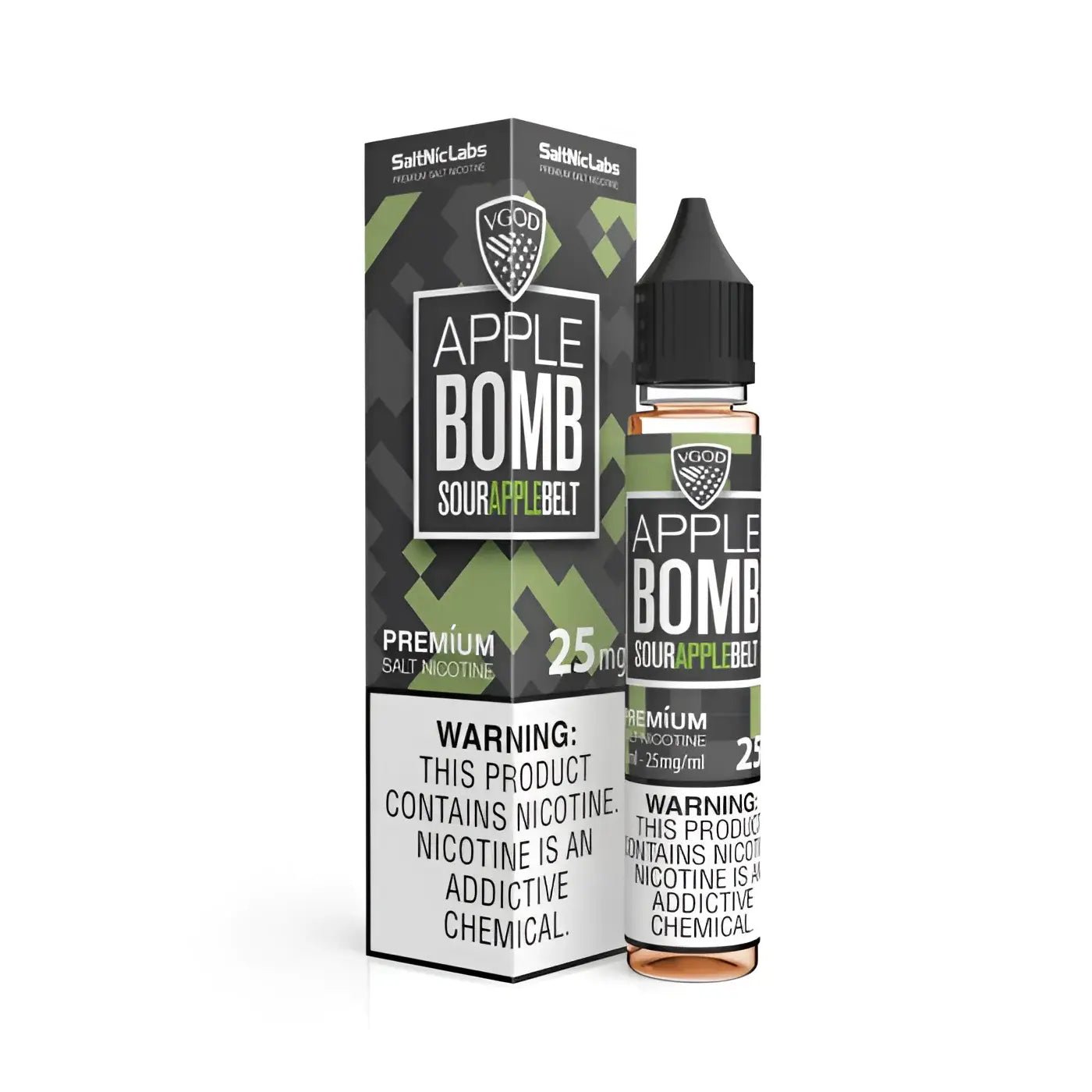 Apple Bomb Iced VGOD SaltNic vape e-liquid in 30ml bottle with green apple menthol flavor, available in 25mg and 50mg nicotine strength.