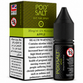 A bottle of POD SALT Hit The Spot Apple e-liquid next to its retail packaging box. The bottle is black with lime green text, and the box is olive green with white warning labels.