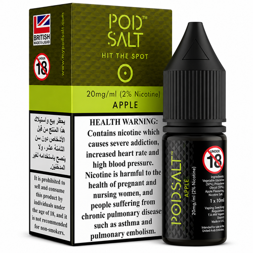 A bottle of POD SALT Hit The Spot Apple e-liquid next to its retail packaging box. The bottle is black with lime green text, and the box is olive green with white warning labels.