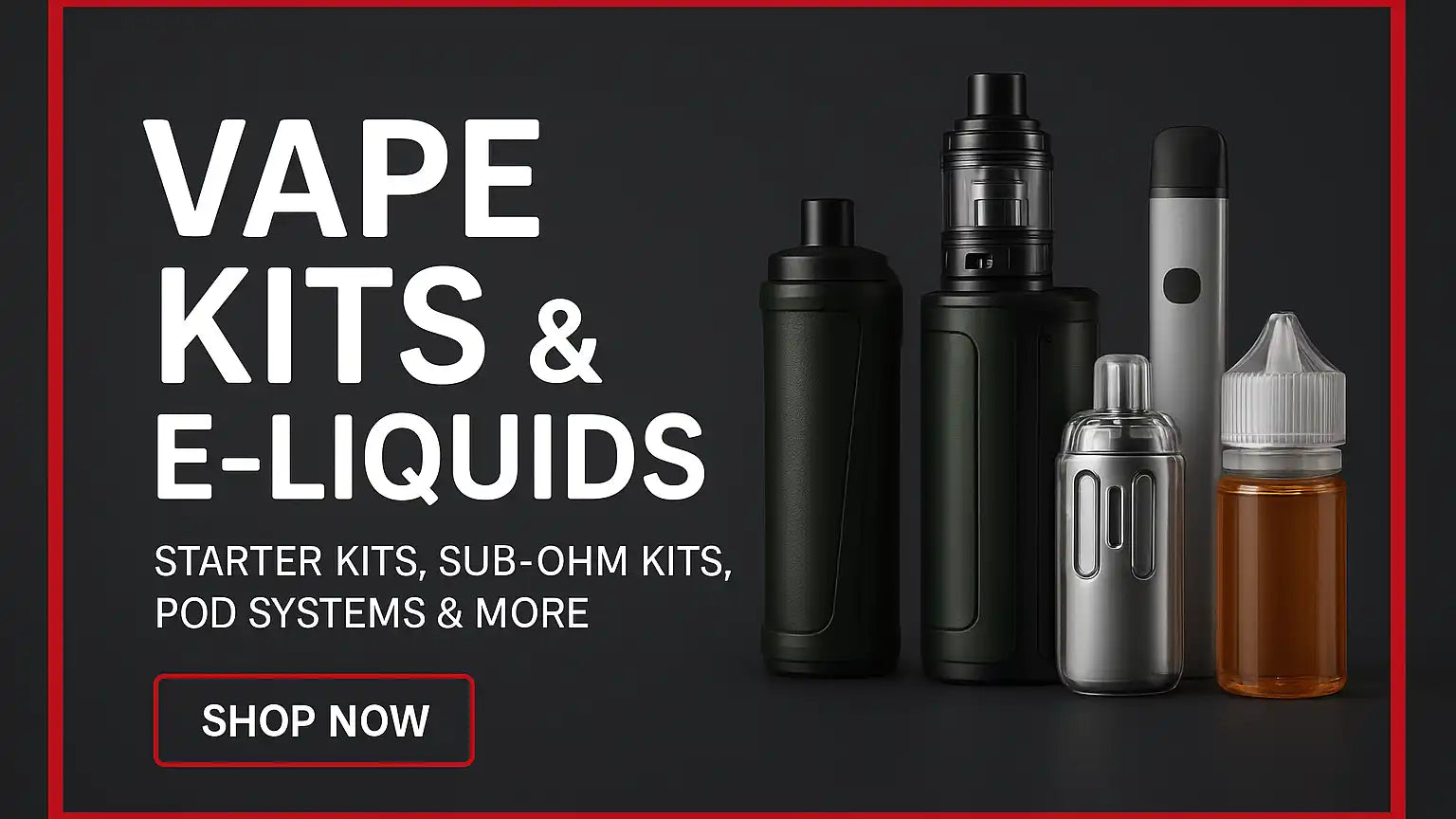 Black vape pen with silver accents and a clear e-liquid bottle.