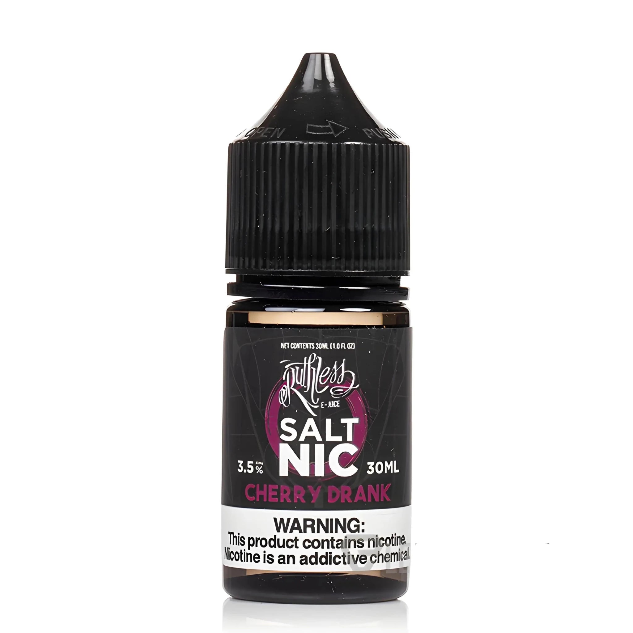 Cherry Drank Ruthless Salt E-Liquid 30ml vape juice in a bottle, featuring vibrant cherry flavor for nicotine salt vaping.