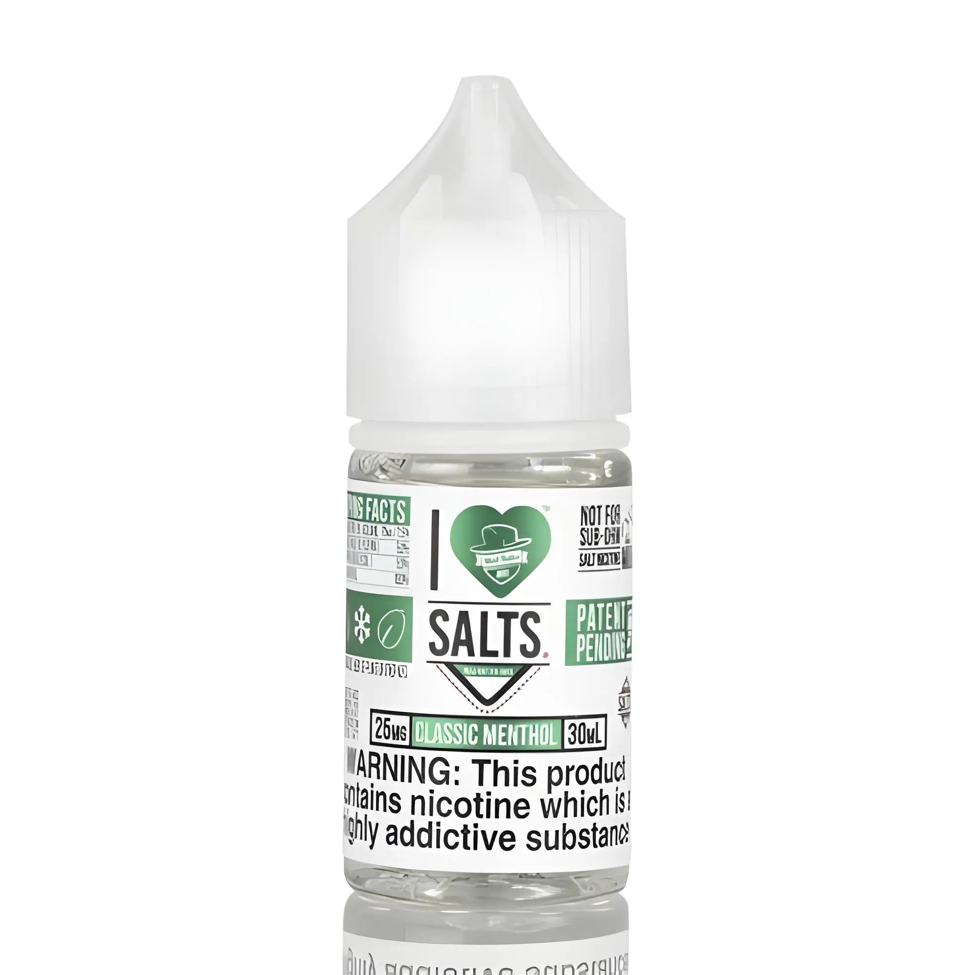 Classic Menthol Love Salts 30ml premium nic salt e-liquid by Vape Mash India, featuring a clear bottle and vibrant label.