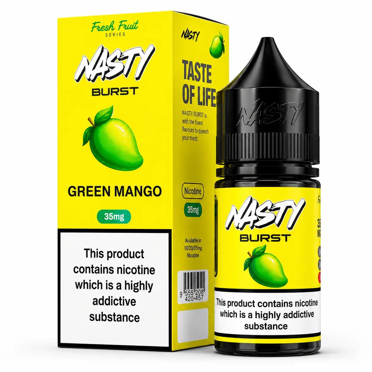 Green Mango Nasty Burst Nic Salt Juice in 30ML bottle by Vape Mash India, with 35MG and 50MG nicotine strength for vaping.