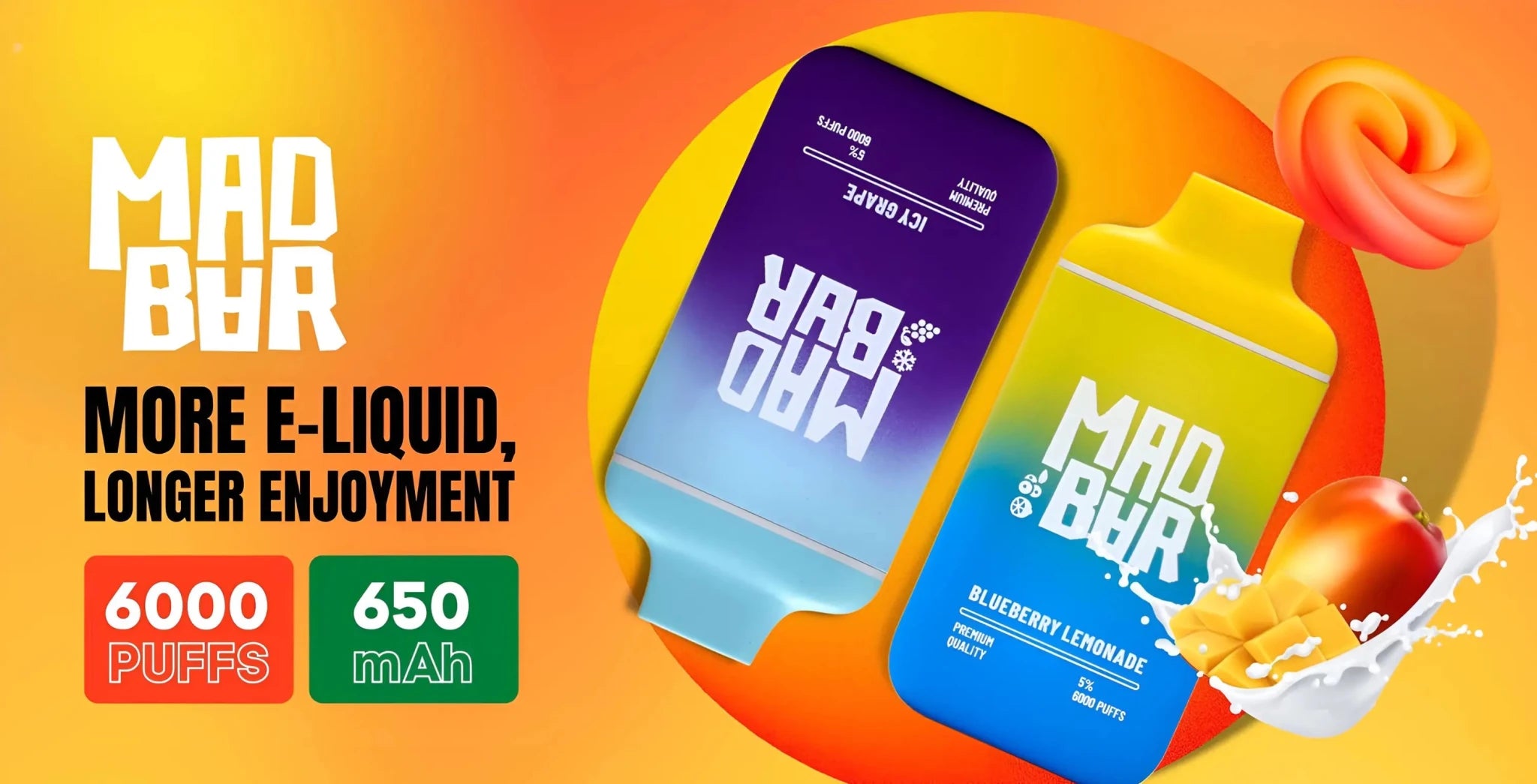 Mad Bar disposable vape in orange and white with 650mAh capacity, featuring e-liquid flavor from Vape Mash India.